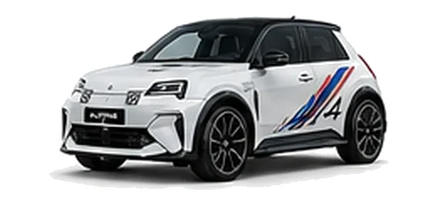 Alpine A290 in Glacier White with motorsport-inspired vinyl graphics, front three-quarter view on a white background.