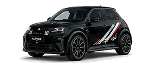 Alpine A290 in Noir Profond with motorsport-inspired vinyl graphics, front three-quarter view on a white background.