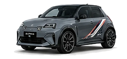 Alpine A290 in Thunder Grey with motorsport-inspired vinyl graphics, front three-quarter view on a white background.