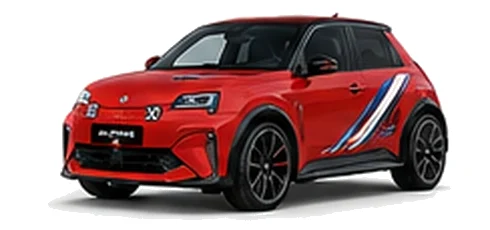 Alpine A290 in Racing Red with motorsport-inspired vinyl graphics, front three-quarter view on a white background.