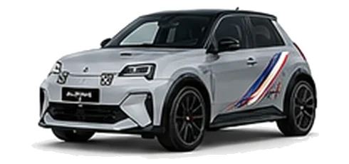 Alpine A290 in Silver Mercury with motorsport-inspired vinyl graphics, front three-quarter view on a white background.