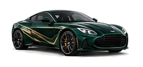Aston Martin DB12 in British Racing Green with luxury performance vinyl graphics, front three-quarter view on a white background.