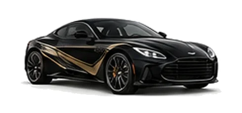 Aston Martin DB12 in Onyx Black with luxury performance vinyl graphics, front three-quarter view on a white background.