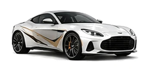 Aston Martin DB12 in Lunar White with luxury performance vinyl graphics, front three-quarter view on a white background.