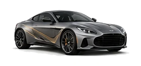 Aston Martin DB12 in Satin Titanium with luxury performance vinyl graphics, front three-quarter view on a white background.