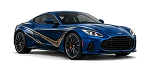 Aston Martin DB12 in Ultramarine Blue with luxury performance vinyl graphics, front three-quarter view on a white background.