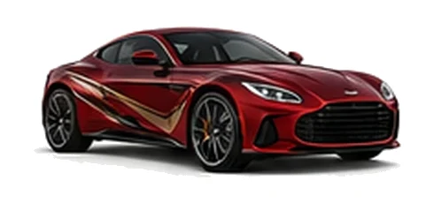 Aston Martin DB12 in Divine Red with luxury performance vinyl graphics, front three-quarter view on a white background.