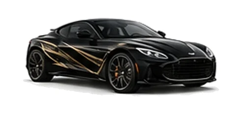 Aston Martin DBS in Onyx Black with luxury performance vinyl graphics, front three-quarter view on a white background.
