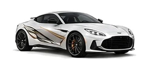 Aston Martin DBS in Lunar White with luxury performance vinyl graphics, front three-quarter view on a white background.