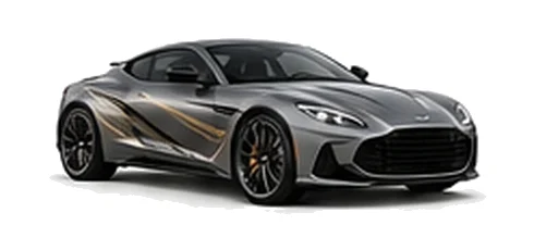 Aston Martin DBS in Satin Titanium with luxury performance vinyl graphics, front three-quarter view on a white background.