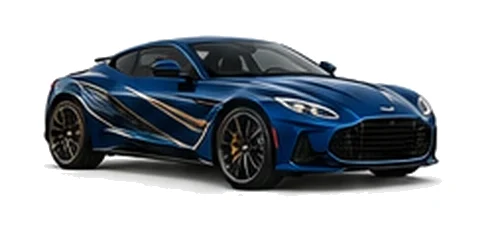 Aston Martin DBS in Ultramarine Blue with luxury performance vinyl graphics, front three-quarter view on a white background.