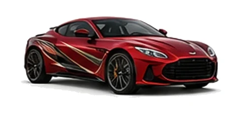 Aston Martin DBS in Divine Red with luxury performance vinyl graphics, front three-quarter view on a white background.
