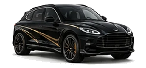 Aston Martin DBX707 in Onyx Black with luxury performance vinyl graphics, front three-quarter view on a white background.
