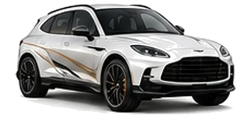 Aston Martin DBX707 in Lunar White with luxury performance vinyl graphics, front three-quarter view on a white background.