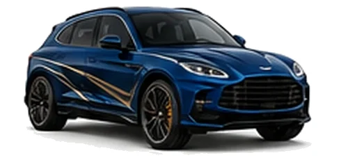 Aston Martin DBX707 in Ultramarine Blue with luxury performance vinyl graphics, front three-quarter view on a white background.