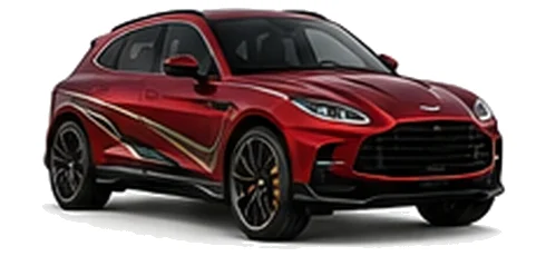 Aston Martin DBX707 in Divine Red with luxury performance vinyl graphics, front three-quarter view on a white background.