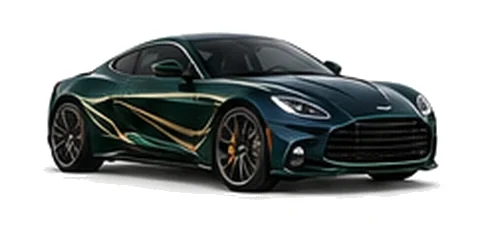 Aston Martin Vanquish in British Racing Green with luxury performance vinyl graphics, front three-quarter view on a white background.