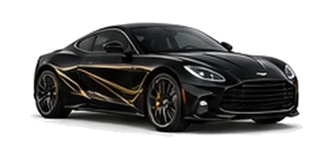 Aston Martin Vanquish in Onyx Black with luxury performance vinyl graphics, front three-quarter view on a white background.