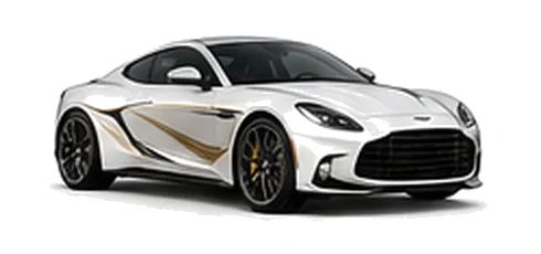 Aston Martin Vanquish in Lunar White with luxury performance vinyl graphics, front three-quarter view on a white background.