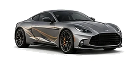 Aston Martin Vanquish in Satin Titanium with luxury performance vinyl graphics, front three-quarter view on a white background.