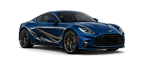 Aston Martin Vanquish in Ultramarine Blue with luxury performance vinyl graphics, front three-quarter view on a white background.