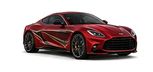 Aston Martin Vanquish in Divine Red with luxury performance vinyl graphics, front three-quarter view on a white background.