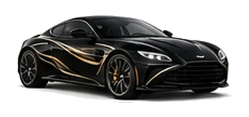 Aston Martin Vantage in Onyx Black with luxury performance vinyl graphics, front three-quarter view on a white background.