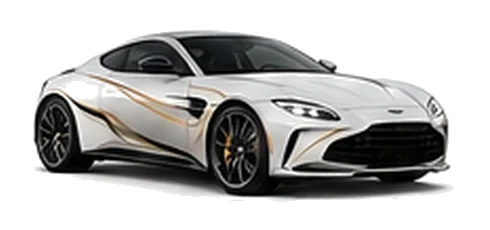 Aston Martin Vantage in Lunar White with luxury performance vinyl graphics, front three-quarter view on a white background.
