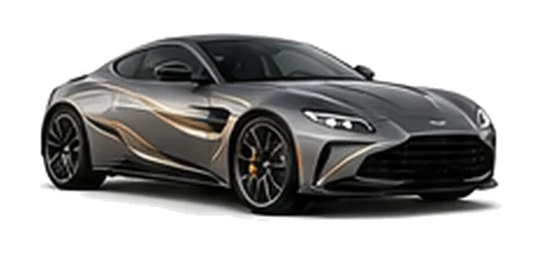 Aston Martin Vantage in Satin Titanium with luxury performance vinyl graphics, front three-quarter view on a white background.