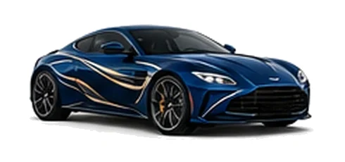 Aston Martin Vantage in Ultramarine Blue with luxury performance vinyl graphics, front three-quarter view on a white background.
