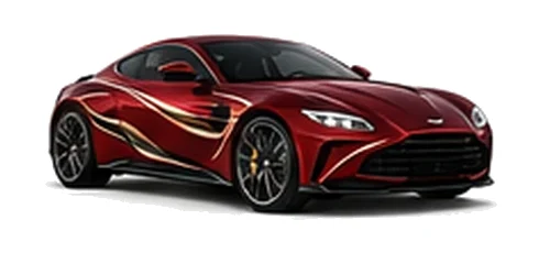 Aston Martin Vantage in Divine Red with luxury performance vinyl graphics, front three-quarter view on a white background.