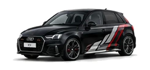 Audi A1 in Mythos Black with Audi performance vinyl graphics, front three-quarter view on a white background.