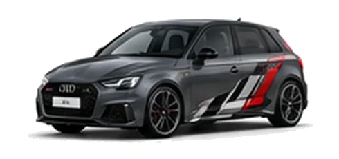Audi A1 in Daytona Grey with Audi performance vinyl graphics, front three-quarter view on a white background.