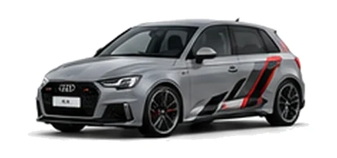 Audi A1 in Chronos Grey with Audi performance vinyl graphics, front three-quarter view on a white background.