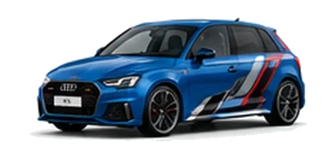 Audi A1 in Ascari Blue with Audi performance vinyl graphics, front three-quarter view on a white background.