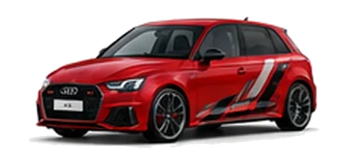 Audi A1 in Tango Red with Audi performance vinyl graphics, front three-quarter view on a white background.