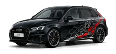 Audi A3 in Mythos Black with Audi performance vinyl graphics, front three-quarter view on a white background.