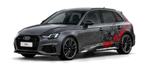 Audi A3 in Daytona Grey with Audi performance vinyl graphics, front three-quarter view on a white background.
