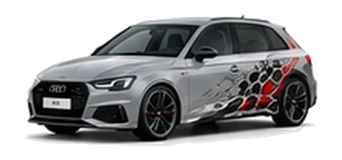 Audi A3 in Chronos Grey with Audi performance vinyl graphics, front three-quarter view on a white background.