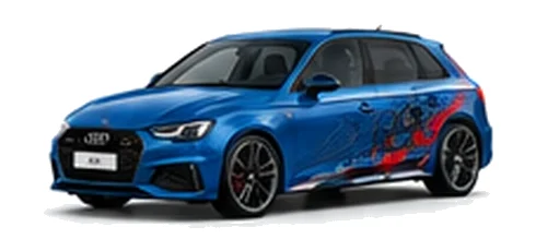 Audi A3 in Ascari Blue with Audi performance vinyl graphics, front three-quarter view on a white background.