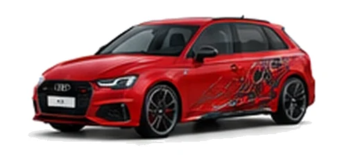 Audi A3 in Tango Red with Audi performance vinyl graphics, front three-quarter view on a white background.