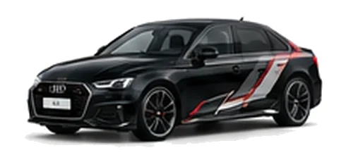 Audi A4 in Mythos Black with Audi performance vinyl graphics, front three-quarter view on a white background.
