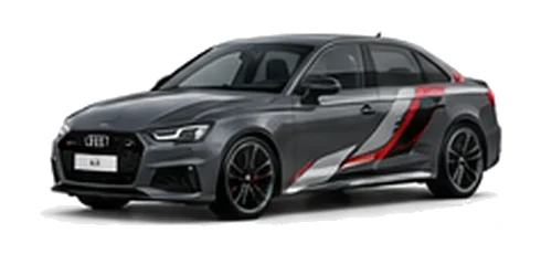 Audi A4 in Daytona Grey with Audi performance vinyl graphics, front three-quarter view on a white background.