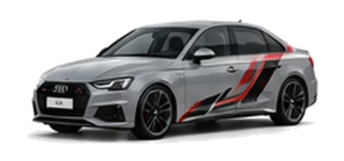 Audi A4 in Chronos Grey with Audi performance vinyl graphics, front three-quarter view on a white background.