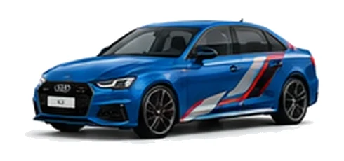 Audi A4 in Ascari Blue with Audi performance vinyl graphics, front three-quarter view on a white background.