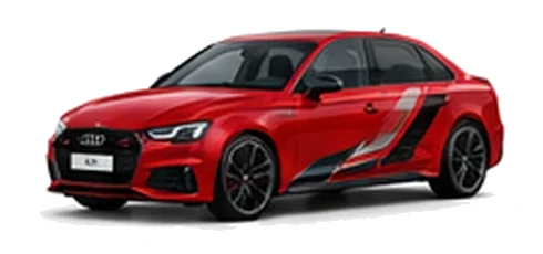 Audi A4 in Tango Red with Audi performance vinyl graphics, front three-quarter view on a white background.