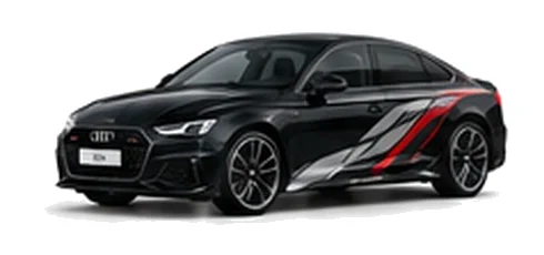 Audi A5 in Mythos Black with Audi performance vinyl graphics, front three-quarter view on a white background.