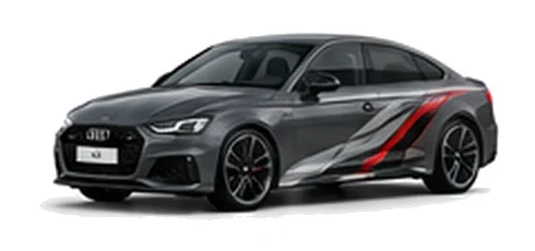 Audi A5 in Daytona Grey with Audi performance vinyl graphics, front three-quarter view on a white background.
