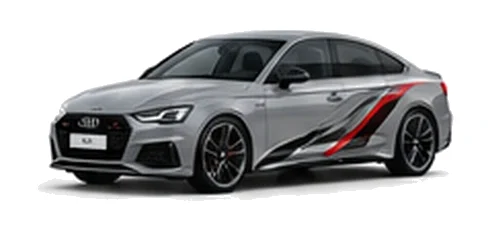 Audi A5 in Chronos Grey with Audi performance vinyl graphics, front three-quarter view on a white background.