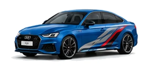 Audi A5 in Ascari Blue with Audi performance vinyl graphics, front three-quarter view on a white background.